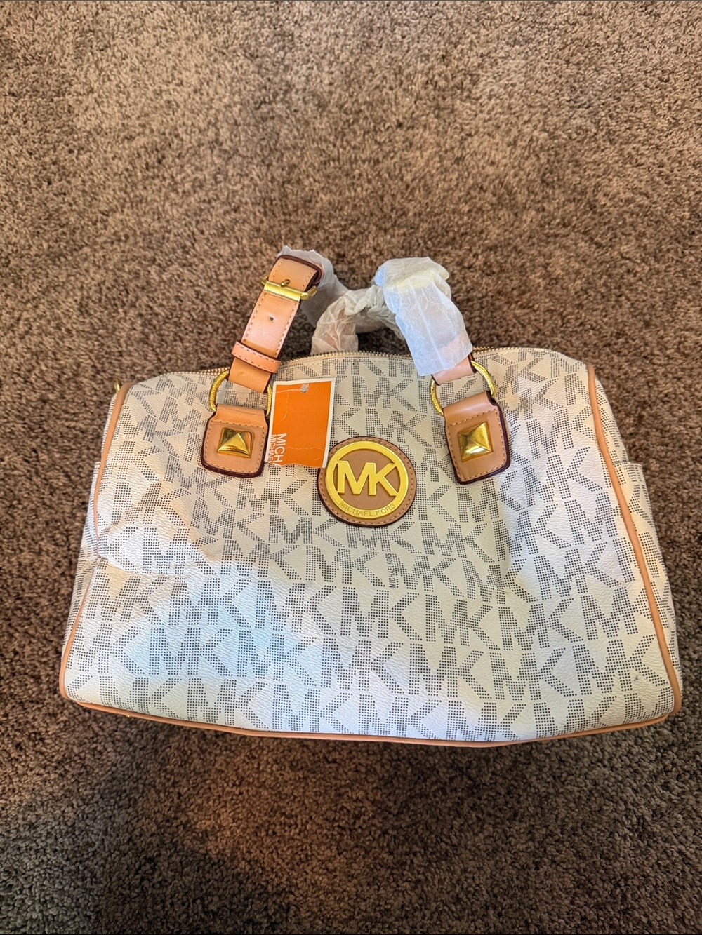 Michael Kors White Beige MK Logo Satchel with Tan Trim
